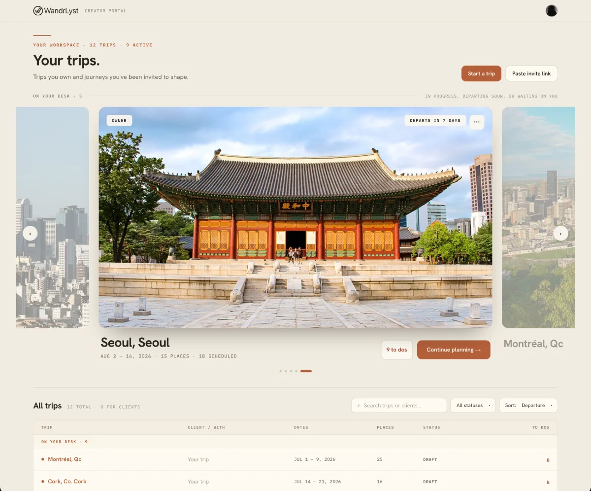 The WandrLyst web portal — a workspace of trips, with Seoul featured and a sortable table of every trip below.